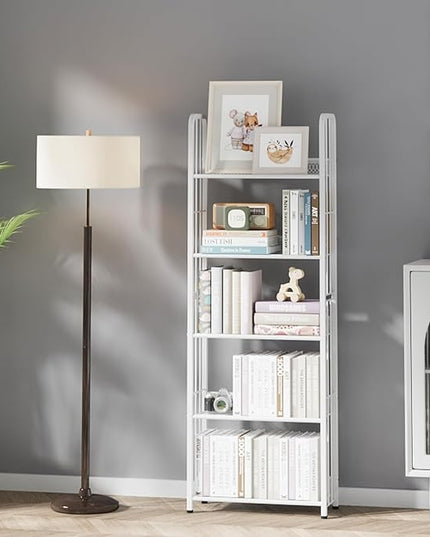 White 5 Tiers Tall Bookshelf, Industrial Storage Shelf, Multifunctional Narrow Bookcase, Display Standing Shelf Units for Living Room, Bedroom, Kitchen - LeafyLoom