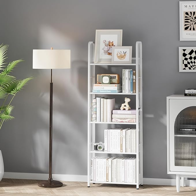 White 5 Tiers Tall Bookshelf, Industrial Storage Shelf, Multifunctional Narrow Bookcase, Display Standing Shelf Units for Living Room, Bedroom, Kitchen - LeafyLoom