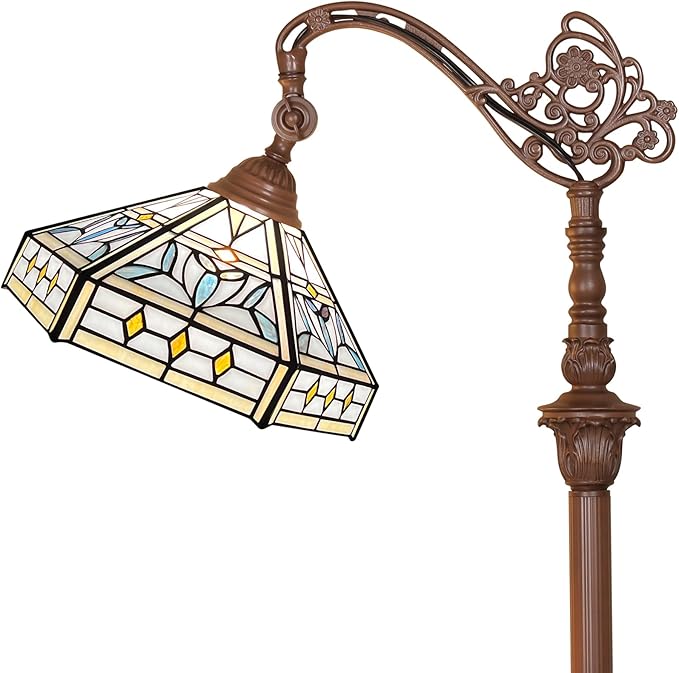 Capulina Tiffany Floor Lamp 62 Inches Tall Mission Hexagon Virgin Style Stained Glass Soft Light Arched Gooseneck Adjustable Angle Reading Floor Lamp for Living Room Bedroom Home Office - LeafyLoom