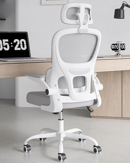Soohow Ergonomic Home Office Chair, Mesh Desk Chair with Lumbar Support, Comfy Computer Desk Chair with Flip Armrest Rolling Wheels, Adjustable Headrest, Grey. - LeafyLoom