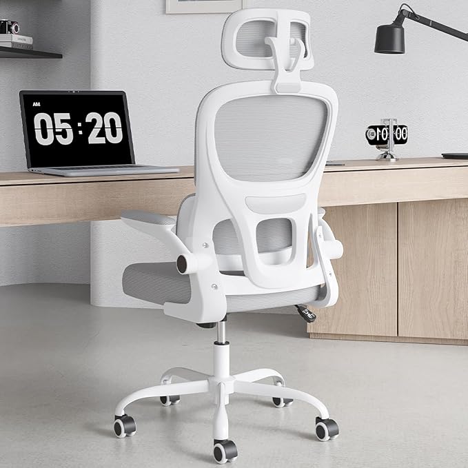 Soohow Ergonomic Home Office Chair, Mesh Desk Chair with Lumbar Support, Comfy Computer Desk Chair with Flip Armrest Rolling Wheels, Adjustable Headrest, Grey. - LeafyLoom