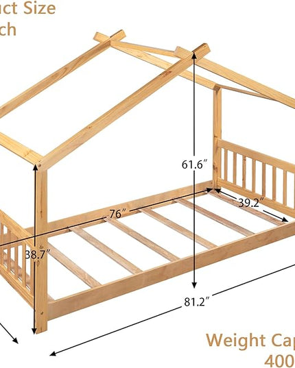 Montessori Floor Bed Frame Twin Size, Twin Floor Bed with Headboard and Footboard, Low House Bed for Girls, Kids, Boys, No Box Spring Needed, Natural Montessori Bed Twin Size - LeafyLoom