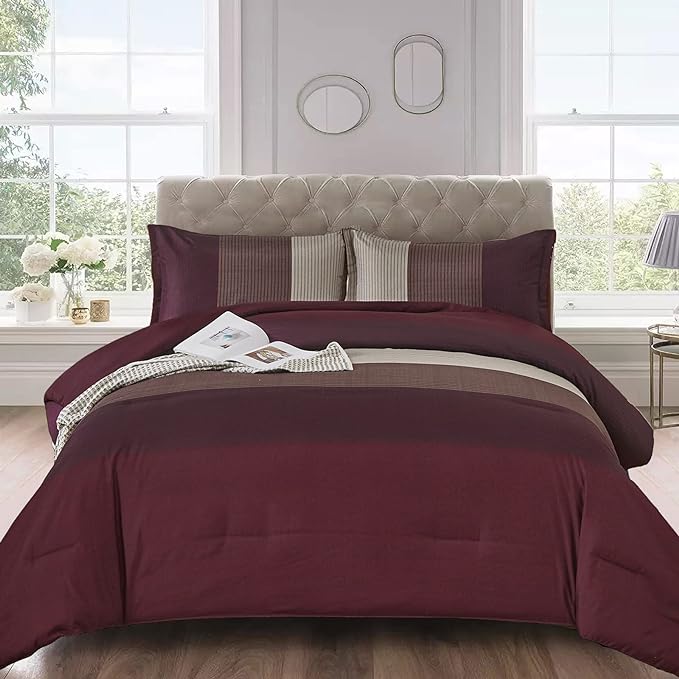 WONGS BEDDING Burgundy Comforter Set King, Reversible Burgundy Stripe Down Alternative Comforter for All Season,3 Pieces(1 Comforter+2 Pillowcases), Soft Microfiber Bedding Duvet Set 104”×90” - LeafyLoom