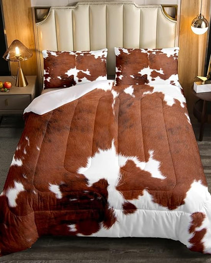 Erosebridal Cow Print Bedding Set King, Brown White Cowhide Comforter Set, Farmhouse Animal Hair Bedding Set for Kids Teens Adult Milk Western Cowboy Rustic Duvet Set Home Room Decor - LeafyLoom