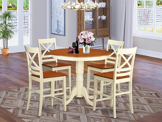 East West Furniture JAQU5-WHI-W 5 Piece Counter Height Dining Set Includes a Round Kitchen Table with Pedestal and 4 Dining Room Chairs, 36x36 Inch, Buttermilk & Cherry - LeafyLoom