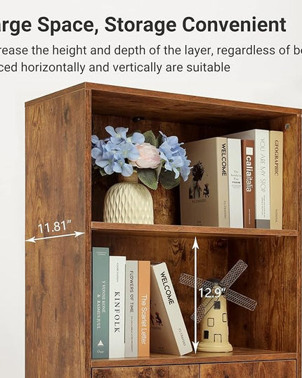 usikey 48.4" H Boho Bookcase, Retro Bookshelf with Doors & 2-Tier Shlef, Mid-Century Modern Storage Cabinet for Bedroom, Study, Living Room, Office, Library, Brown - LeafyLoom
