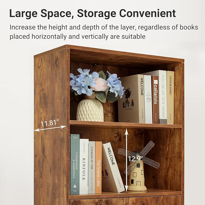 usikey 48.4" H Boho Bookcase, Retro Bookshelf with Doors & 2-Tier Shlef, Mid-Century Modern Storage Cabinet for Bedroom, Study, Living Room, Office, Library, Brown - LeafyLoom