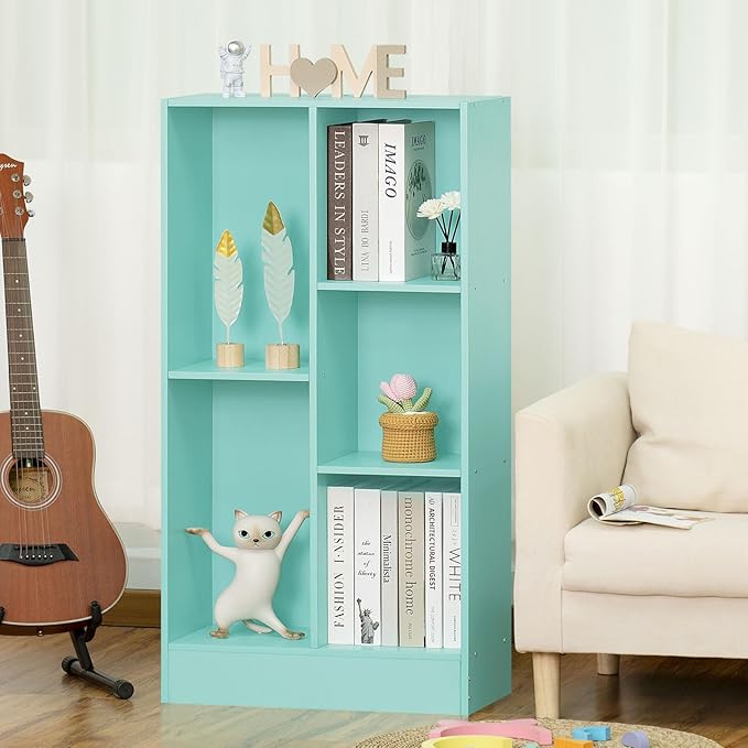LEYAOYAO 5 Cube Bookshelf with Base,3 Tier Modern Mint-Green Kids Bookcase,Standing Wide Bookshelves Storage Organizer Toy Shelf,Wood Display Children's Book Shelves for Bedroom,Living Room,Nursery - LeafyLoom