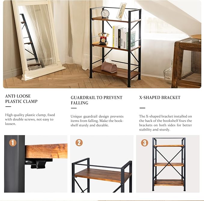 Rustic Bookshelf, 3 Tier Real Wood Bookshelf, Metal Book Shelf for Storage, Black Bookcase, 12.6" D x 23.62" W x 36.61" H - LeafyLoom