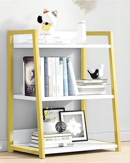 IOTXY 3 Tier Open Bookshelf - Steel and Wood Display Stand, 50CM Width Floor-Standing Bookcase, Gold - LeafyLoom
