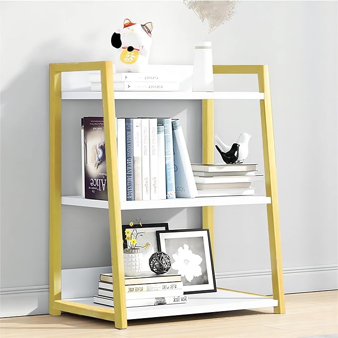 IOTXY 3 Tier Open Bookshelf - Steel and Wood Display Stand, 50CM Width Floor-Standing Bookcase, Gold - LeafyLoom