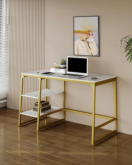 CIVANA Metal Office Desk，43 Inch Small Study Desk,Gold Office Desk with 2 Tier Storage Space，Computer Desk Modern Simple Style，Sturdy Writing Workstation for Home & Office，White Marble + Gold Leg - LeafyLoom
