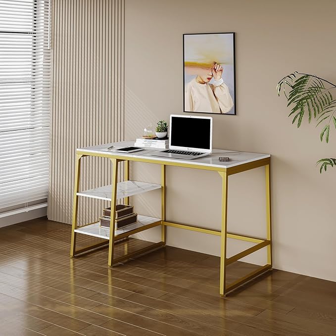 CIVANA Metal Office Desk，43 Inch Small Study Desk,Gold Office Desk with 2 Tier Storage Space，Computer Desk Modern Simple Style，Sturdy Writing Workstation for Home & Office，White Marble + Gold Leg - LeafyLoom