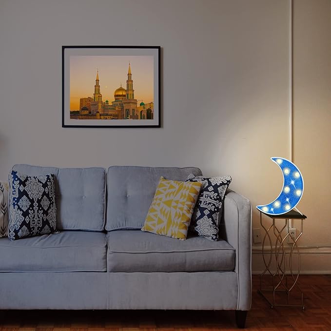 LED Moon Marquee Lights, Glitter LED Lighted Moon Lamp Decoration, Battery Operated Crescent Moon Night Light for Ramadan Home Table Baby Shower Party Decor, Shiny Blue Moon - LeafyLoom