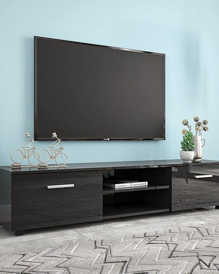 63" TV Stand with Open Shelves, Television Stands for TVs Up to 70", Media Console Entertainment Center Television Table with 2 Storage Cabinet for Living Room, Bedroom, Black - LeafyLoom
