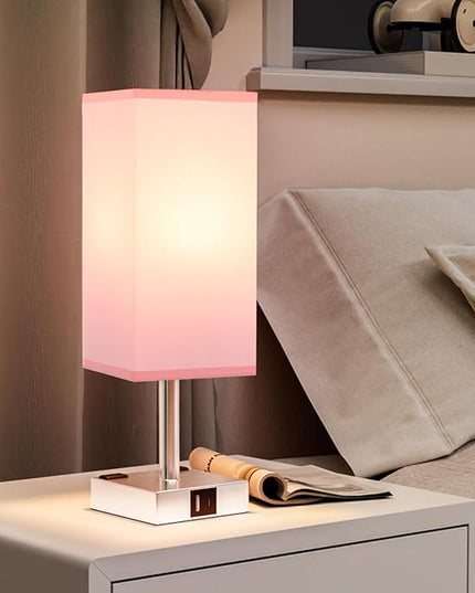 Touch Bedside Table Lamp For Nightstand - 3-Way Dimmable Night Lamp with USB A + Type C Charging Ports and two AC Outlets, Small Desk Light with E26 LED Bulb for Bedroom Living Room Dorm Office, PINK - LeafyLoom
