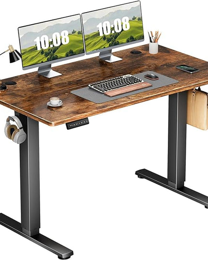 Sweetcrispy Electric Adjustable Height Standing Desk - 48 x 24 inch Sit to Stand Up Desk with Splice Board, Rising Home Office Computer Table with 2 Hook and Wire Hole for Work - LeafyLoom