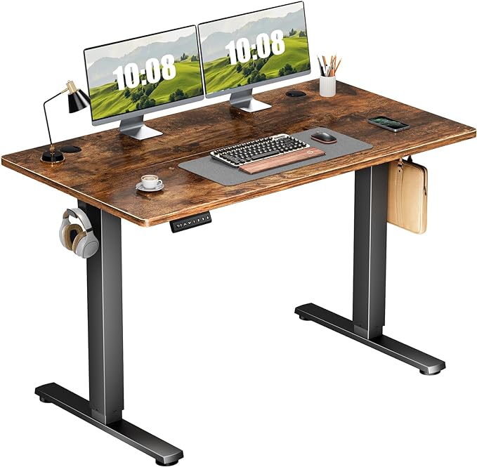 Sweetcrispy Electric Adjustable Height Standing Desk - 48 x 24 inch Sit to Stand Up Desk with Splice Board, Rising Home Office Computer Table with 2 Hook and Wire Hole for Work - LeafyLoom