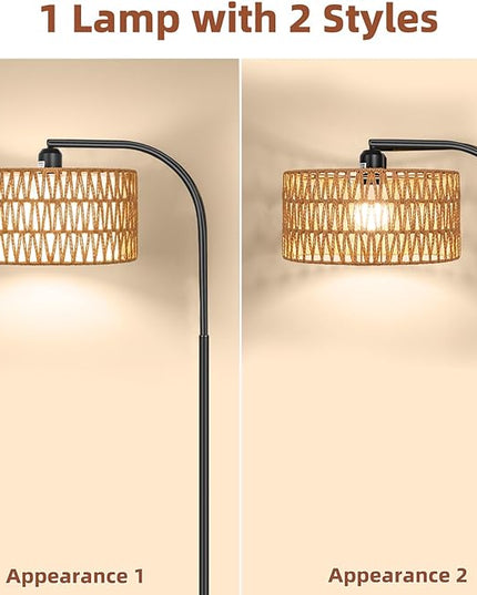 Rattan Floor Lamps for Living Room, Boho Standing Lamps with Rattan& Linen Double Shades, Arc Lamps Floor Standing with 9W Bulb, Foot Switch, Bohemian Floor Lamps for Bedroom, Office - LeafyLoom