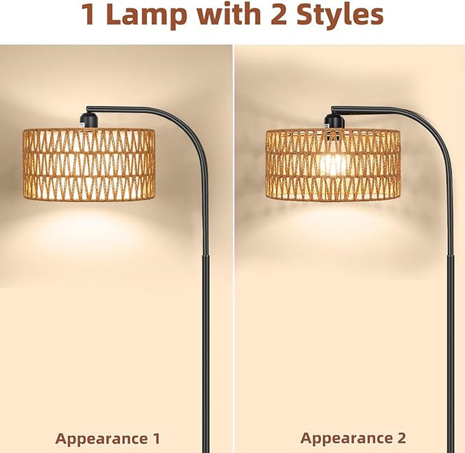Rattan Floor Lamps for Living Room, Boho Standing Lamps with Rattan& Linen Double Shades, Arc Lamps Floor Standing with 9W Bulb, Foot Switch, Bohemian Floor Lamps for Bedroom, Office - LeafyLoom
