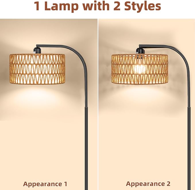 Rattan Floor Lamps for Living Room, Boho Standing Lamps with Rattan& Linen Double Shades, Arc Lamps Floor Standing with 9W Bulb, Foot Switch, Bohemian Floor Lamps for Bedroom, Office - LeafyLoom