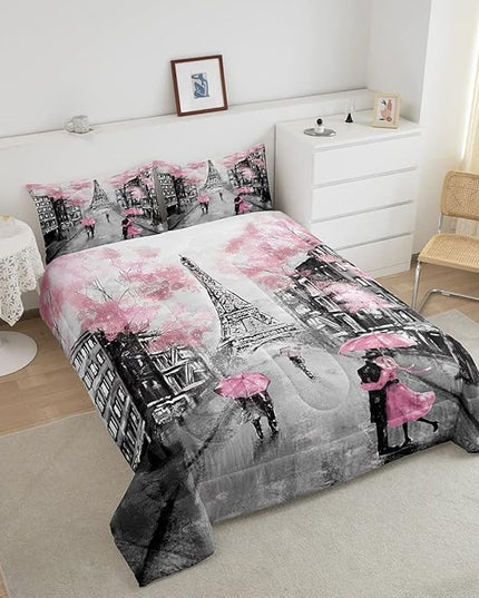 Paris Comforter Set French Eiffel Tower Bedding Sets Twin for Girls Kids Women Paris Themed Bedroom Decor Watercolor Cherry Blossoms Comforter Couple Retro Gray Building Quilted Duvet Pink Grey 2 Pcs - LeafyLoom