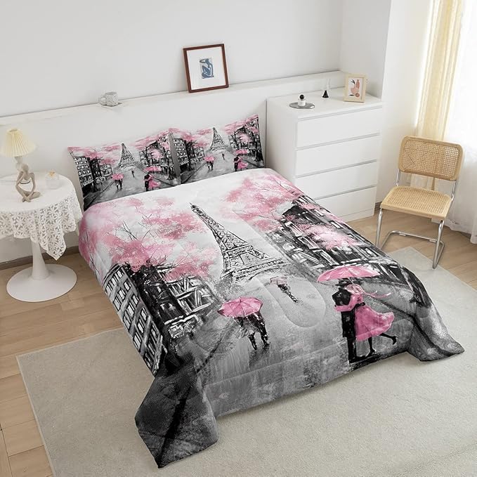 Paris Comforter Set French Eiffel Tower Bedding Sets Twin for Girls Kids Women Paris Themed Bedroom Decor Watercolor Cherry Blossoms Comforter Couple Retro Gray Building Quilted Duvet Pink Grey 2 Pcs - LeafyLoom