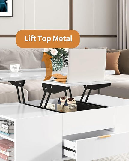 47 Inch Lift Top Coffee Table with 4 Drawers, Modern Center Table with Extendable Tabletop and Open Shelf, Multi Functional Coffee Table for Living Room, White - LeafyLoom