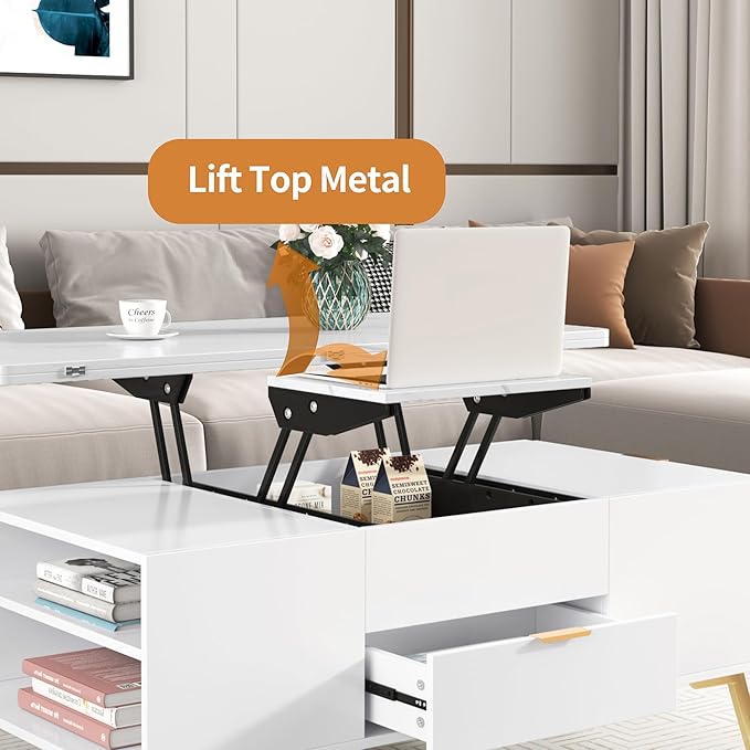 47 Inch Lift Top Coffee Table with 4 Drawers, Modern Center Table with Extendable Tabletop and Open Shelf, Multi Functional Coffee Table for Living Room, White - LeafyLoom