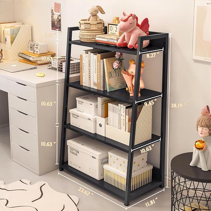 IOTXY 4-Tier Ladder Shelf Bookcase - Wood and Metal Modern Standing Bookshelf, Open Book Shelves Storage Rack, for Home Office, Living Room, Kitchen, Bedroom, Black - LeafyLoom
