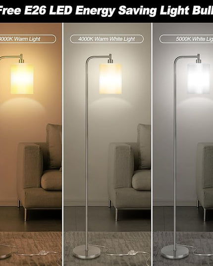 QiMH Floor Lamps for Living Room, Modern LED Standing Reading Light for Bedroom with Glass Shade, Tall Industrial 3 Colors Dimmable Pole Lamp with Foot Control for Home Office Corner Decor (Silver) - LeafyLoom