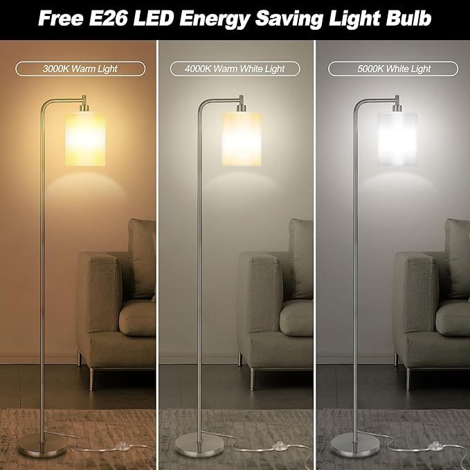 QiMH Floor Lamps for Living Room, Modern LED Standing Reading Light for Bedroom with Glass Shade, Tall Industrial 3 Colors Dimmable Pole Lamp with Foot Control for Home Office Corner Decor (Silver) - LeafyLoom