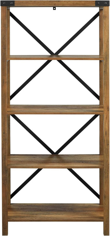 Walker Edison Andersen Urban Industrial Metal X Back 4 tier Bookshelf, 64 Inch, Rustic Oak - LeafyLoom