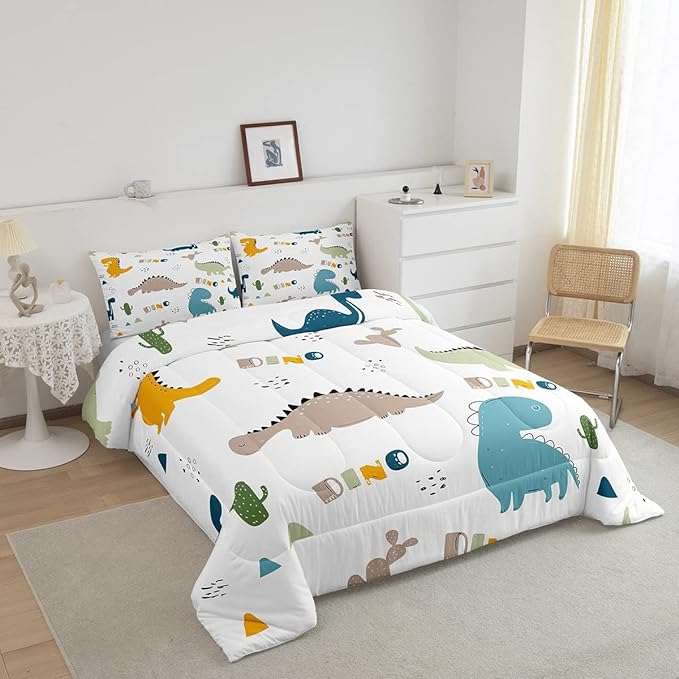 Feelyou Cute Dinosaur Comforter Set Cartoon Cactus Bedding Set Decor Jungle Dino Boho Succulent Comforter Wild Animal Pattern Yellow Grey Duvet Set Bedroom Quilt Set 3Pcs King - LeafyLoom
