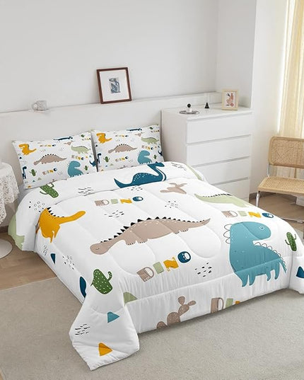 Feelyou Cute Dinosaur Comforter Set Cartoon Cactus Bedding Set Decor Jungle Dino Boho Succulent Comforter Wild Animal Pattern Yellow Grey Duvet Set Bedroom Quilt Set 3Pcs Full - LeafyLoom