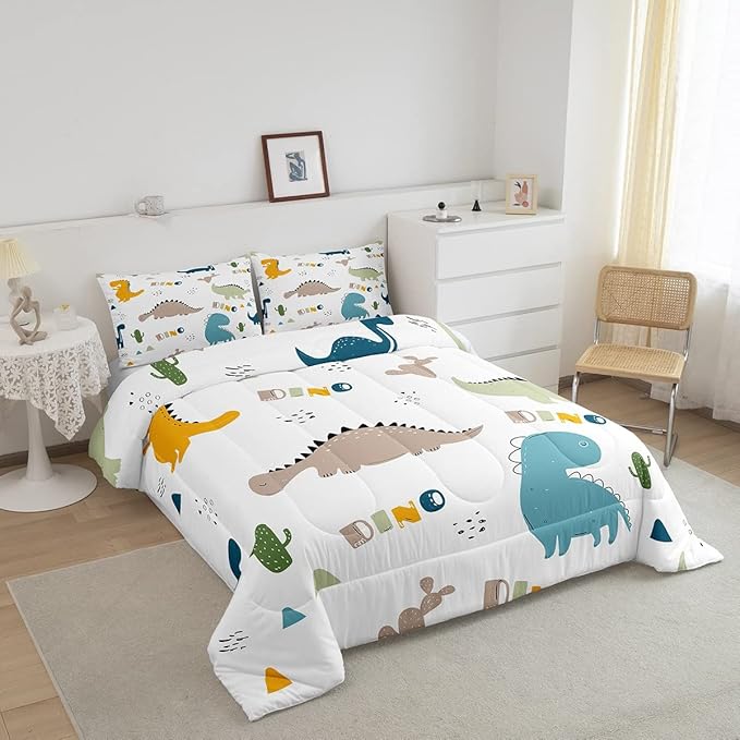 Feelyou Cute Dinosaur Comforter Set Cartoon Cactus Bedding Set Decor Jungle Dino Boho Succulent Comforter Wild Animal Pattern Yellow Grey Duvet Set Bedroom Quilt Set 3Pcs Queen - LeafyLoom