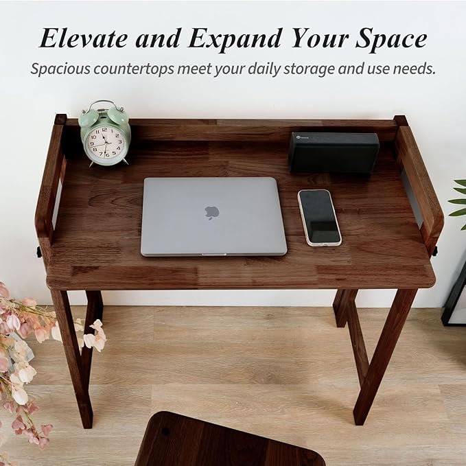 Computer Desk, Foldable Desk, Home Office Desks, Solid Wood Writing Desk, Mid Century Modern Desks, Oak Study Table, Folding Desks for Small Spaces, 39.4 W x 27.6 H x 13.6 D Inches, Walnut - LeafyLoom
