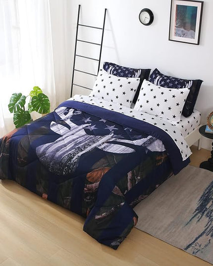 Boys Camo Deer Bedding Set Queen Size 7 Piece Bed in A Bag Camouflage American Flag Comforter Set for Kids Teens Men Super Soft All Season - LeafyLoom