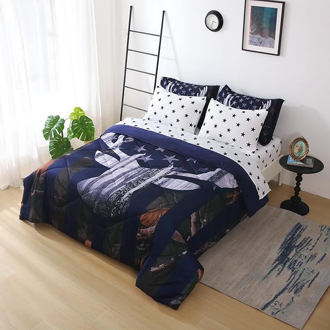 Boys Camo Deer Bedding Set Queen Size 7 Piece Bed in A Bag Camouflage American Flag Comforter Set for Kids Teens Men Super Soft All Season - LeafyLoom