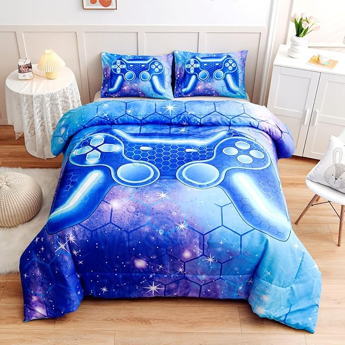 NTBED Game Console Comforter Set for Boys Girls Kids 3D Gaming Geometric Lightweight Microfiber Bedding Sets (Blue Purple, Queen) - LeafyLoom