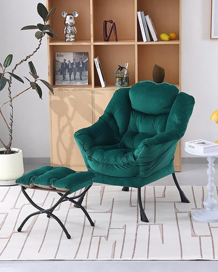 Welnow Lazy Chair with Ottoman, Modern Lounge Accent Chair with Armrests and a Side Pocket, Leisure Sofa Chair, Reading Chair with Footrest for Small Space, Corner Chair, Dark Green - LeafyLoom