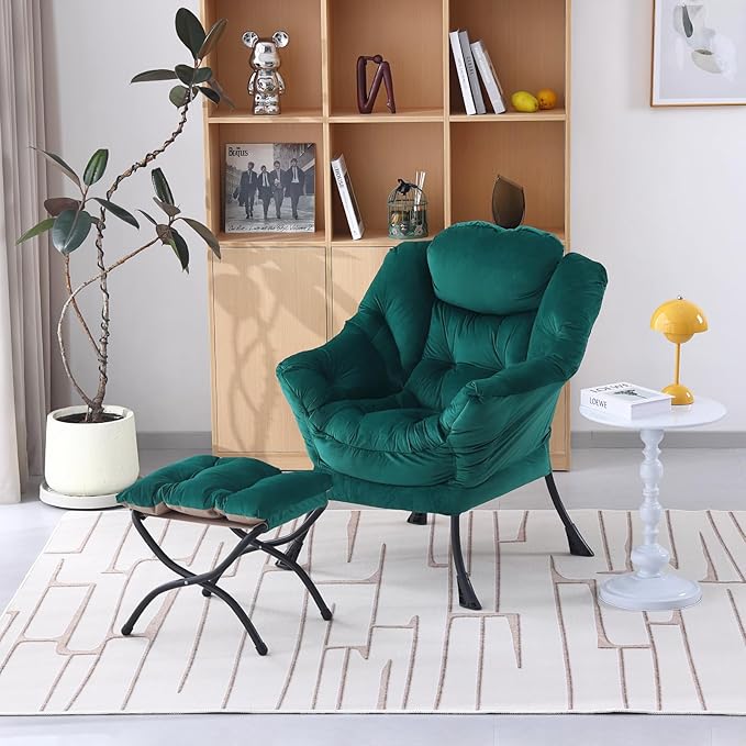 Welnow Lazy Chair with Ottoman, Modern Lounge Accent Chair with Armrests and a Side Pocket, Leisure Sofa Chair, Reading Chair with Footrest for Small Space, Corner Chair, Dark Green - LeafyLoom