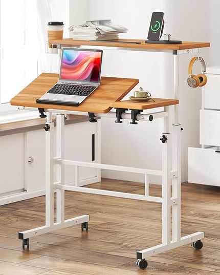 soges Rolling Standing Desk, Height Adjustable Home Office Desk, Mobile Sit-Stand Laptop Desk with Cup Holder and Hook, Portable Desk with Wheels, Oak - LeafyLoom