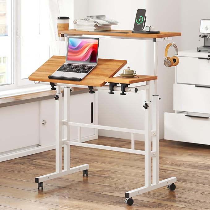 soges Rolling Standing Desk, Height Adjustable Home Office Desk, Mobile Sit-Stand Laptop Desk with Cup Holder and Hook, Portable Desk with Wheels, Oak - LeafyLoom