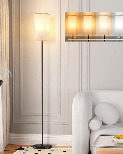 Ambimall Floor Lamps for Living Room - Remote Control, 9W Stepless Dimmable Bulb, Foot Switch, Color Temperatures, 64'' Tall Standing Lamp, Beige Lampshade, Reading Bedroom,Office (Black) - LeafyLoom