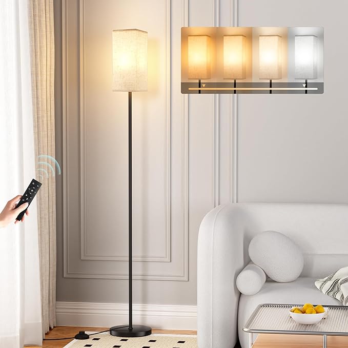 Ambimall Floor Lamps for Living Room - Remote Control, 9W Stepless Dimmable Bulb, Foot Switch, Color Temperatures, 64'' Tall Standing Lamp, Beige Lampshade, Reading Bedroom,Office (Black) - LeafyLoom
