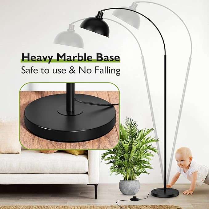 Arc Floor Lamps for Living Room, Modern Tall Standing Lamp Remote Control,Stepless Dimmable Black Floor Lamp with Hanging Dome Shade, Over Couch Arched Reading Lamp for Bedroom, Office (Bulb Included) - LeafyLoom