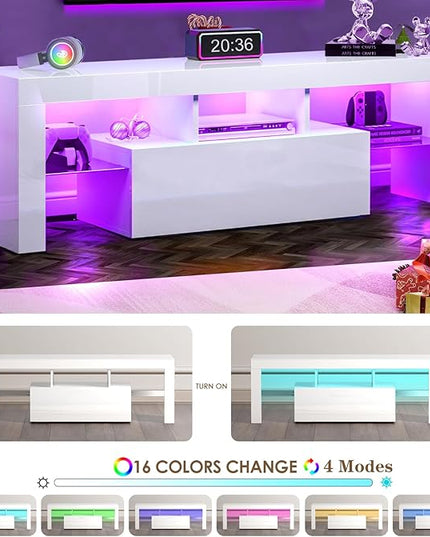 HOUAGI LED TV Stand for Televisions up to 55 Inchs,Modern Entertainment Center with Storage Drawer and Glass shelf, TV Console Table for Living room,Bedroom,White - LeafyLoom