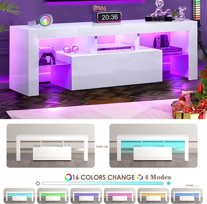 HOUAGI LED TV Stand for Televisions up to 55 Inchs,Modern Entertainment Center with Storage Drawer and Glass shelf, TV Console Table for Living room,Bedroom,White - LeafyLoom