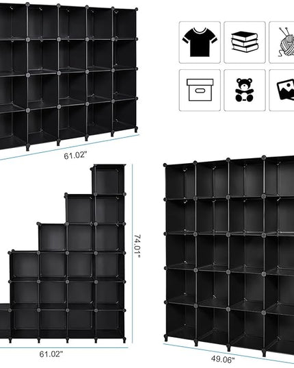 ANWBROAD Cube Storage Organizer 20-Cube Cubby Shelving Book Shelf Living Room Closet Clothes Organizers Kids Toys Craft Yarn Storage with Rubber Hammer for Bedroom Office Black ULCS020B - LeafyLoom